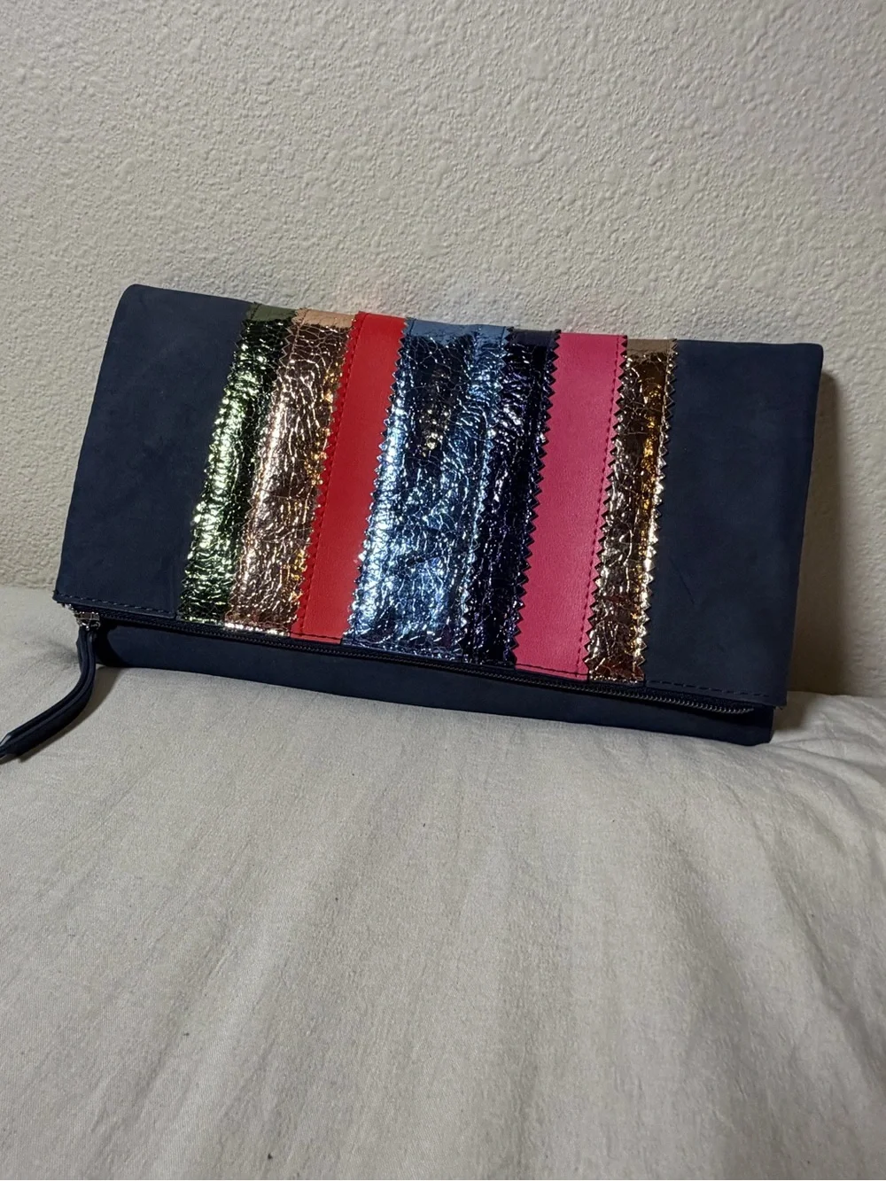 Stella & Dot Navy Multicolor Metallic Stripe Foldover Clutch Bag